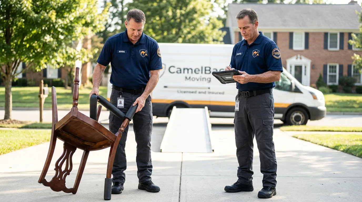 Movers inspecting furniture for damage prevention before loading in Mount Angel, OR
