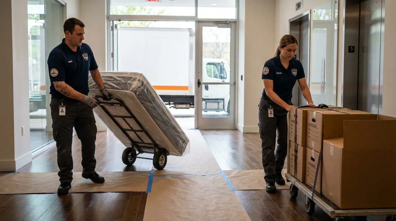 Professional apartment movers loading elevator in Mount Angel, OR