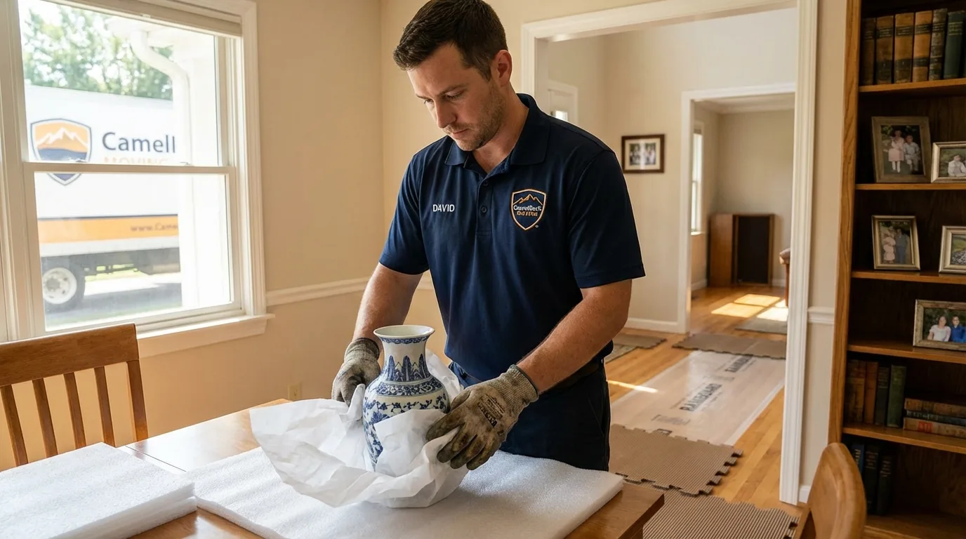 Professional crew carefully wrapping antique vase for senior downsizing move in Mount Angel, OR